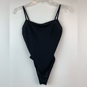 NWT ribbed black bodysuit scoop back snap crotch, Boohoo